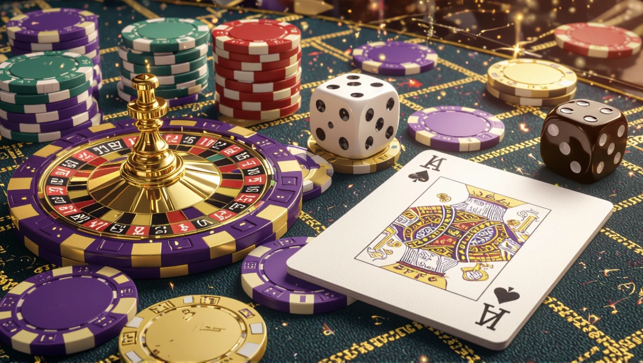 Elementi di casinò con fiches, carte e dadi